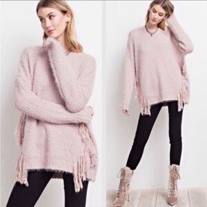 Elegant Fringe Detail Sweater In Soft Pink